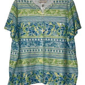 Alfred Dunner Woman  Top Sz 1X Lined Pullover Embellish Collar Blue Green Shirt